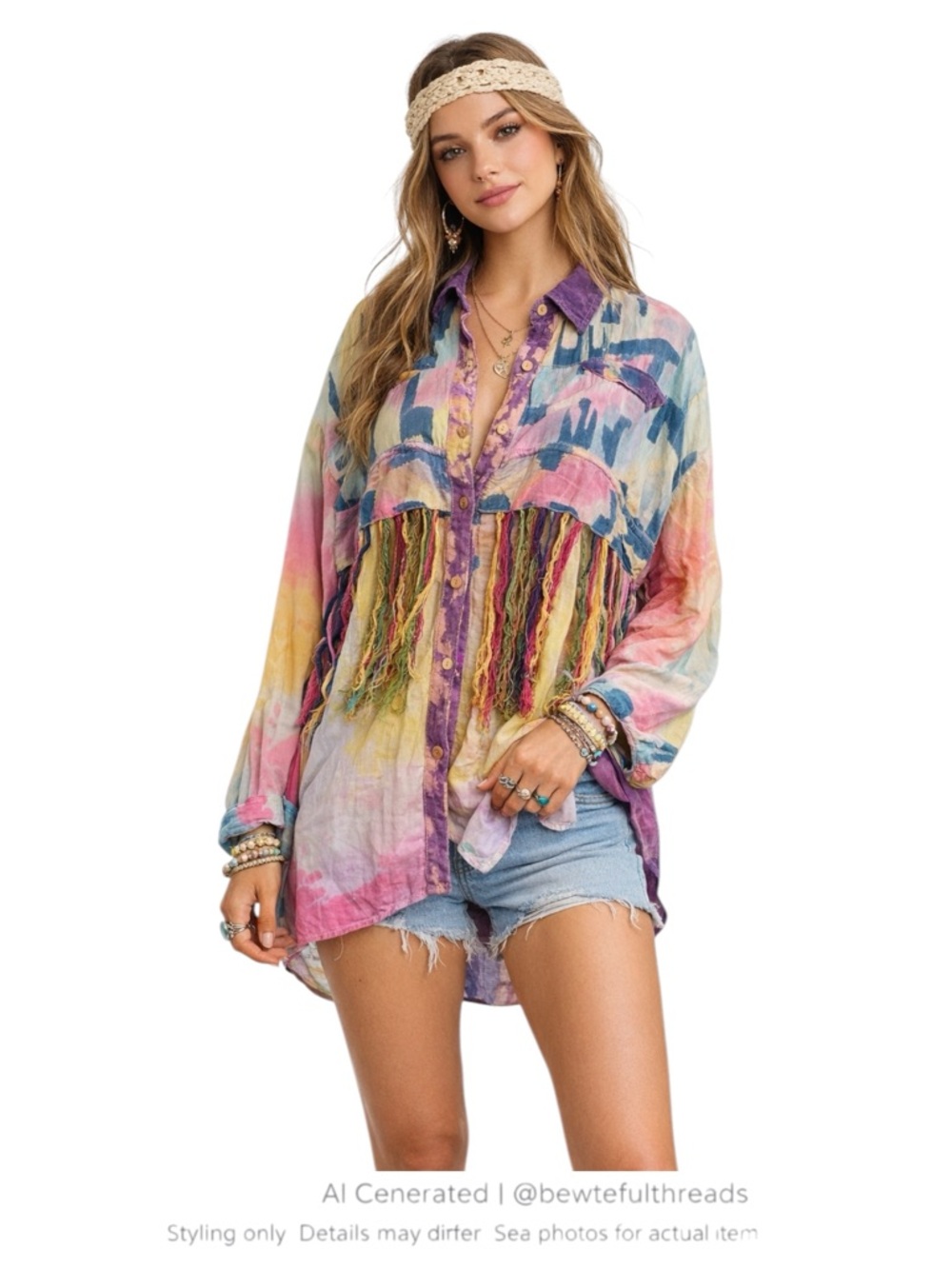 JouJou XL Rainbow Tie Dye Fringe Blouse Boho Festival Shirt